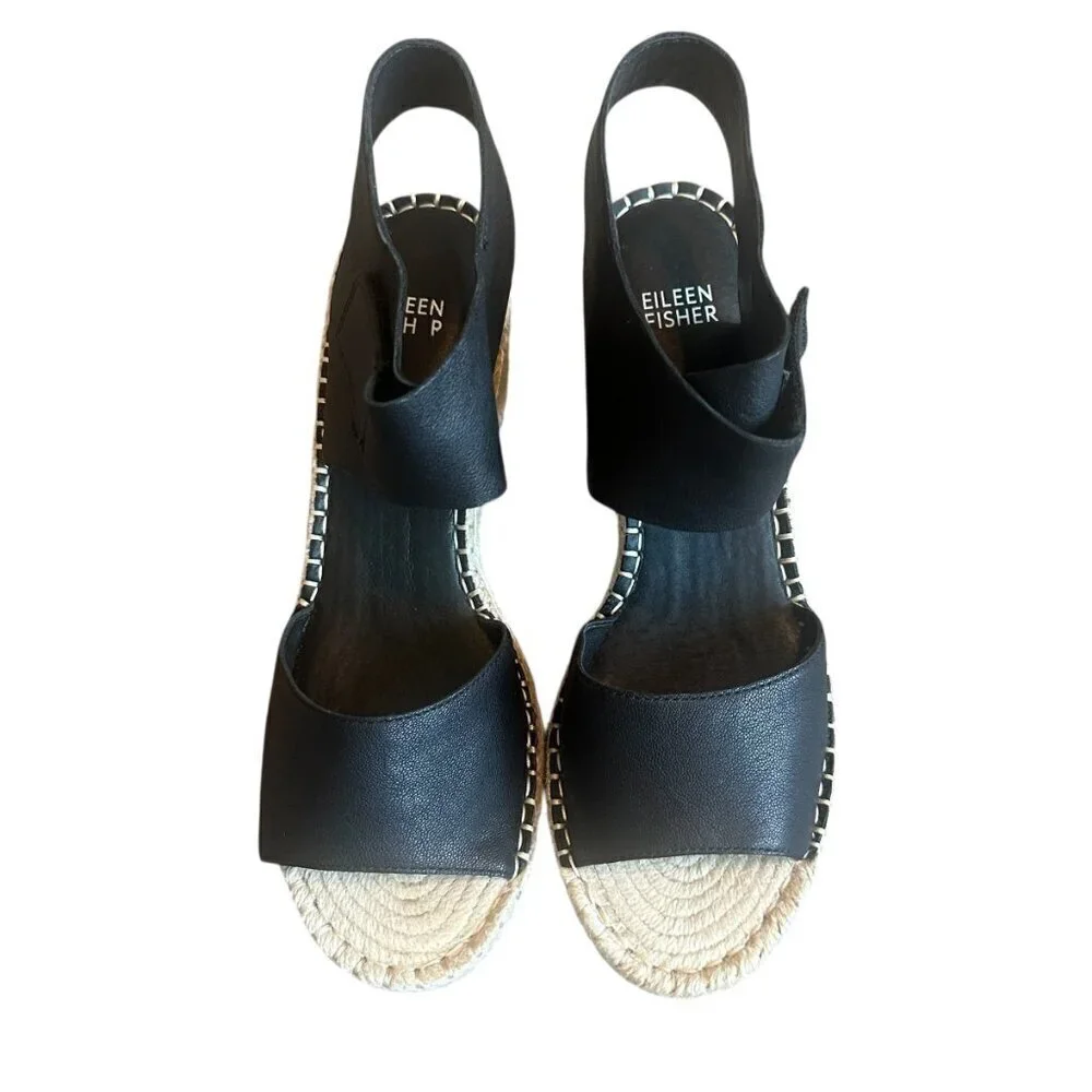 Eileen Fisher Weslia Black Wedge Sandals Espadrille Ankle Strap Size 9 Women's